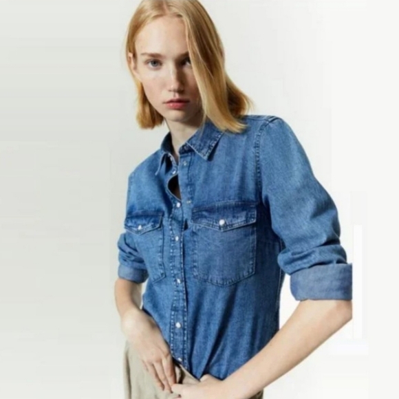 H&M Tops - H&M Denim Button Down Blue Size 4-6